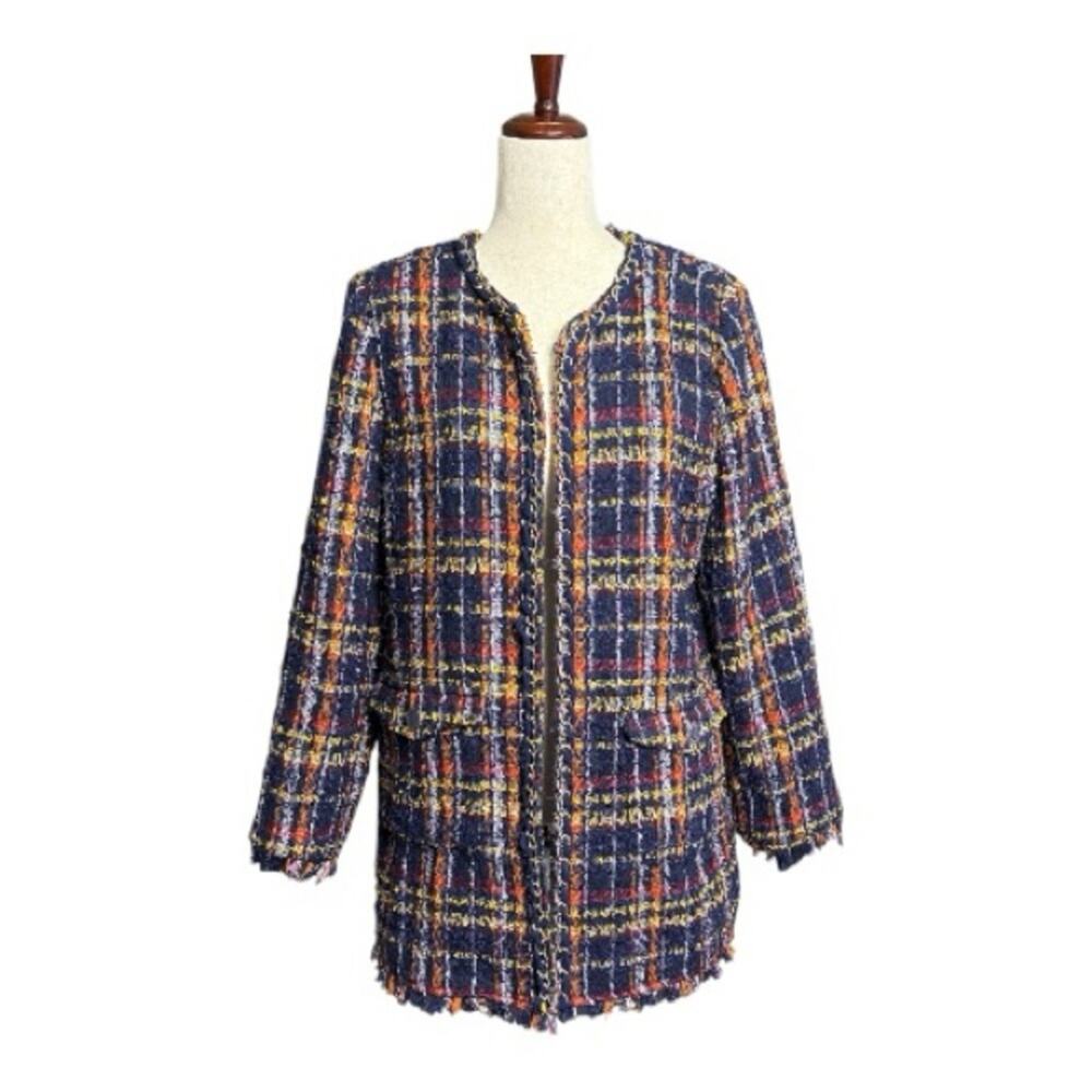 Chico's Navy and Yellow Tweed Blazer with Gold Chain Hardware Size Large C1